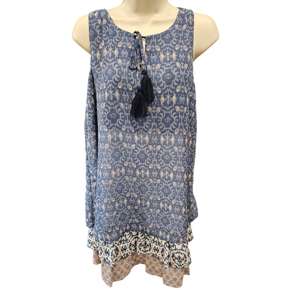 Rewind tiered chiffon boho summer midi dress L tassle relaxed fit casual